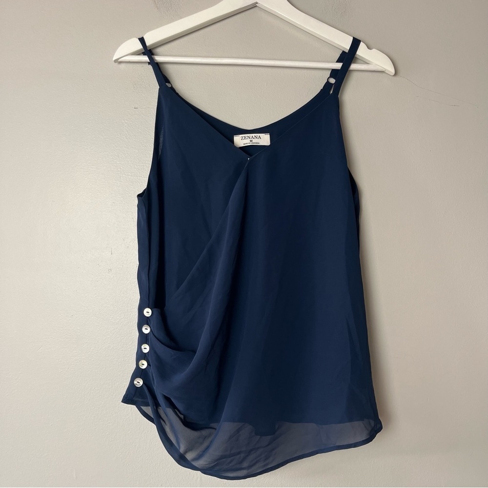 Zenana Navy Spaghetti Strap Tank Button Detail Medium